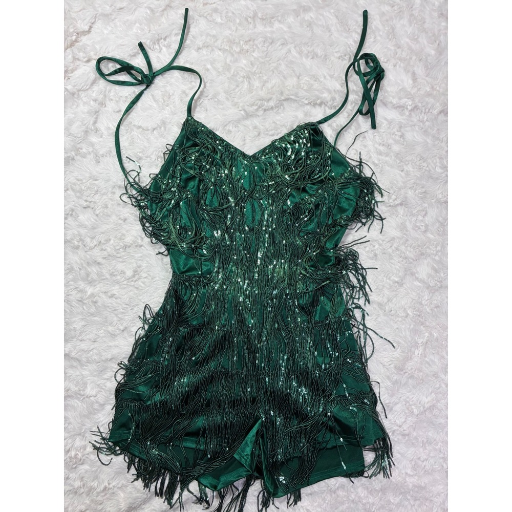 Emerald Green Sequin Fringe Romper XL Sleeveless V-Neck Festival Girls Night